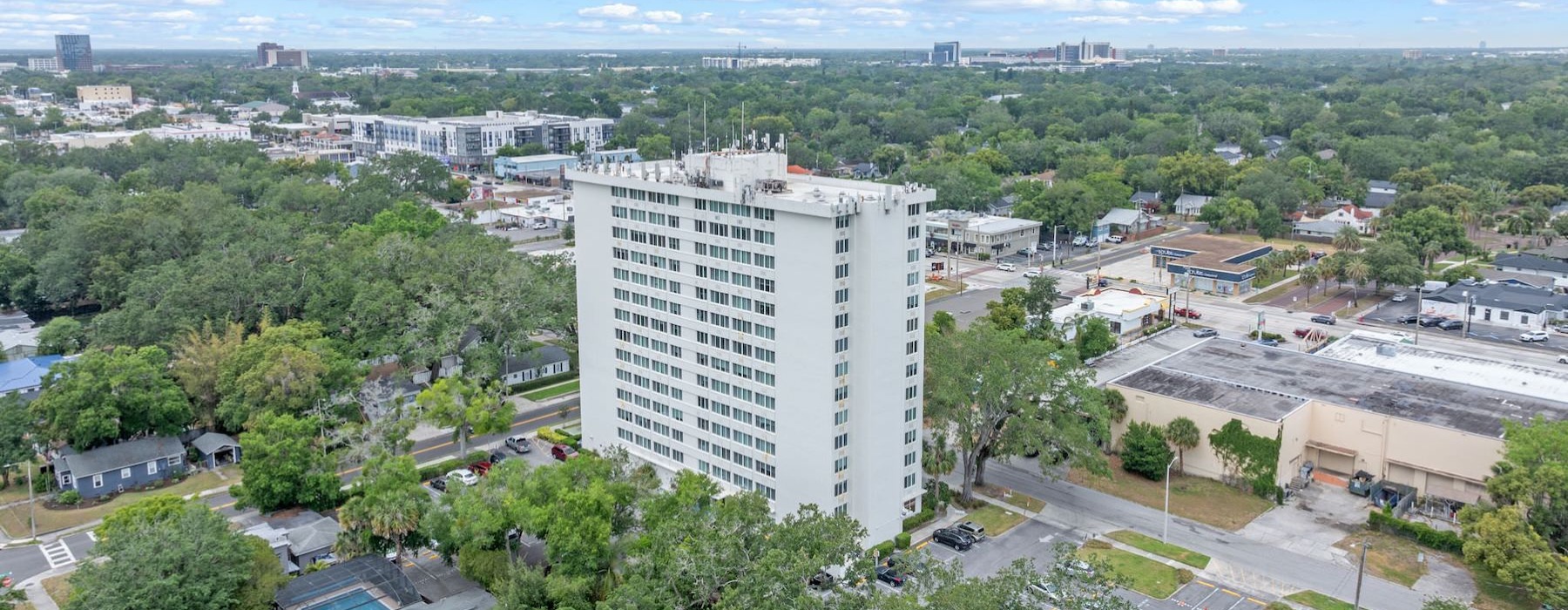 aerial view of a large building in a city